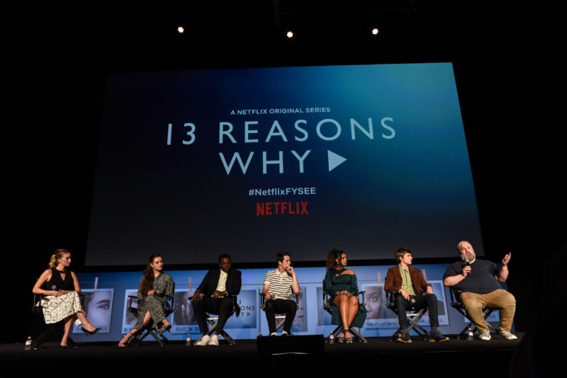 Katherine Langford, Derek Luke, Dylan Minnette, Alisha Boe, Miles Heizer, and Brian Yorkey attend #NETFLIXFYSEE Event For "13 Reasons Why" Season 2 - Inside at Netflix FYSEE At Raleigh Studios on June 1, 2018 in Los Angeles, Calif. 
