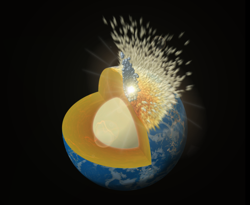 Image of a small object smashing in to a cutaway off the Earth.
