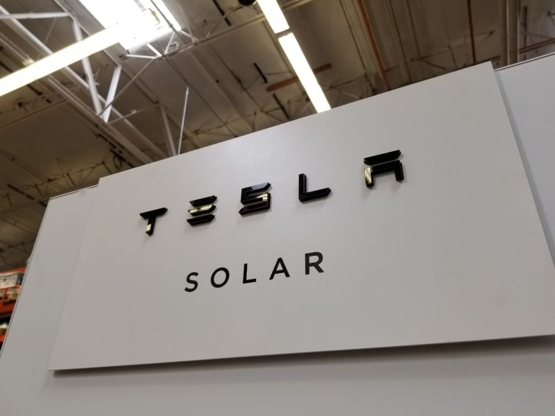 Close-up of logo for Tesla Solar, a home solar power generation solution offered by Tesla Motors, San Ramon, California, March 28, 2018. (Photo by Smith Collection/Gado/Getty Images)