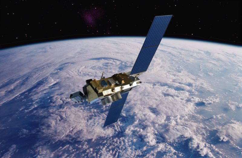 A weather satellite orbiting the Earth.