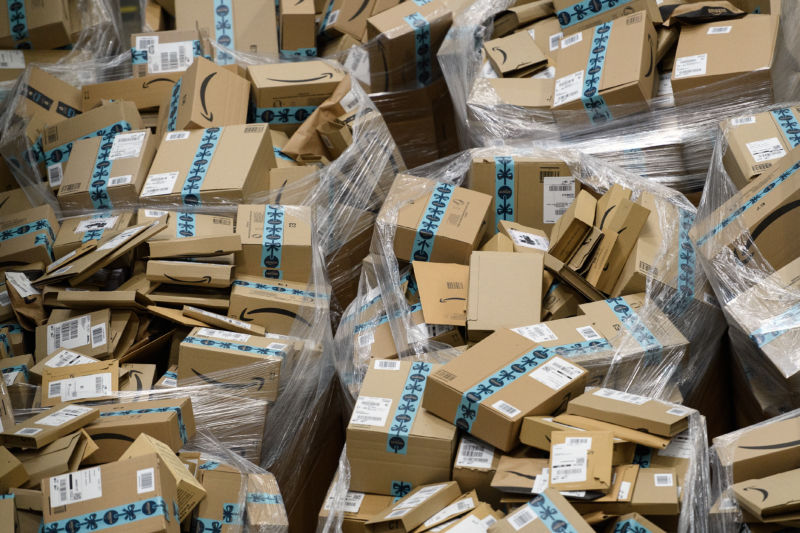 Amazon boxes in a warehouse.
