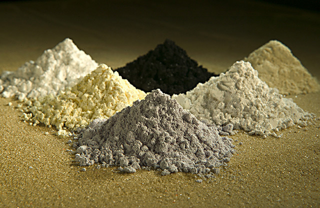 Rare earth oxides. Clockwise from top center: praseodymium, cerium, lanthanum, neodymium, samarium, and gadolinium.