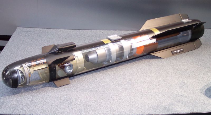 A see-through model of the original Hellfire missile. Imagine the center replaced with a set of pop-out blades, and you've got the "Flying Ginsu."