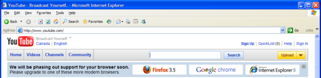 Internet Explorer 6 showing the sneaky end-of-life banner.
