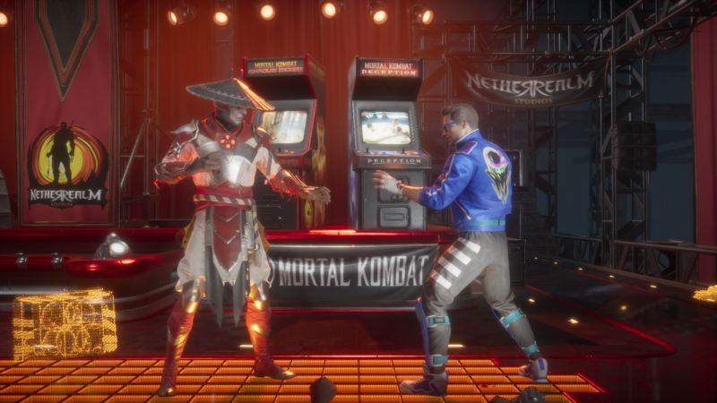 Classic characters (klassic karacters?) Raiden and Johnny Cage face off in a nostalgic-themed arcade level.