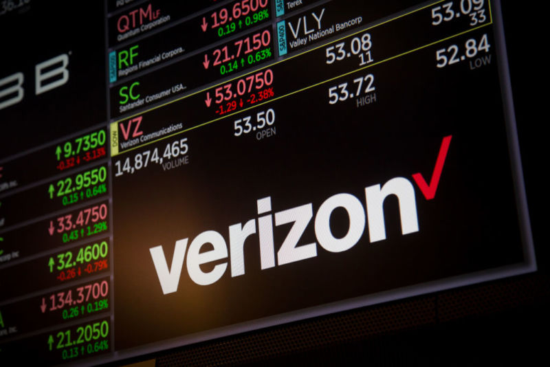 A Verizon logo displayed along with stock prices at the New York Stock Exchange.