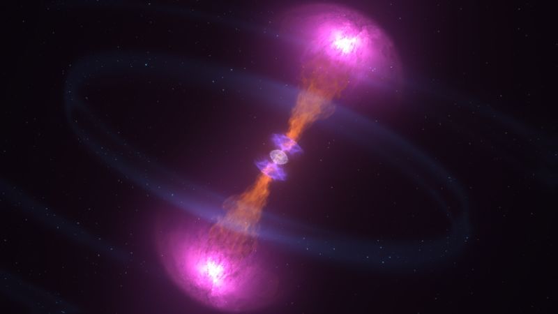 Image of two purple blobs connected by orange material.