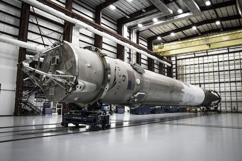 A SpaceX Falcon 9 rocket in the hangar after a flight.