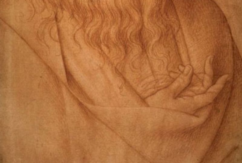 Detail from a 16th century drawing depicting an elderly Leonardo da Vinci's damaged right hand. A new study concludes he suffered from "claw hand."