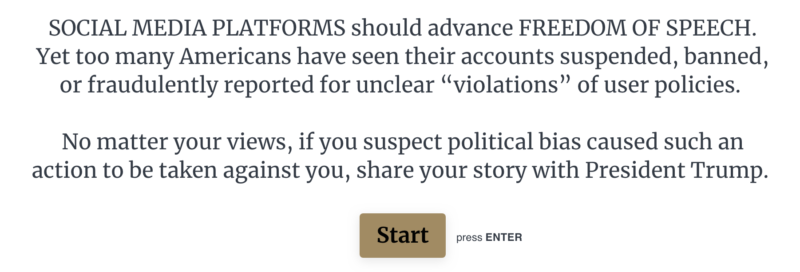 The landing page for the White House censorship reporting tool.