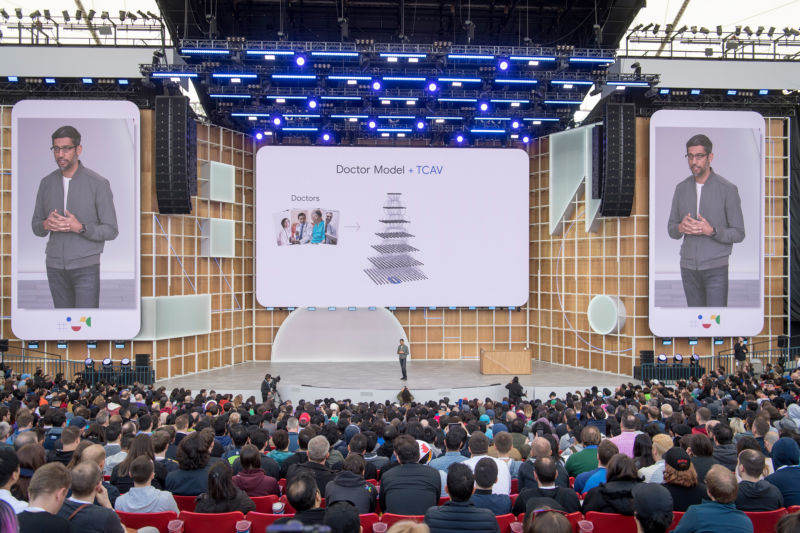 Google CEO Sundar Pichai speaks during the Google I/O Developers Conference on May 7, 2019. 