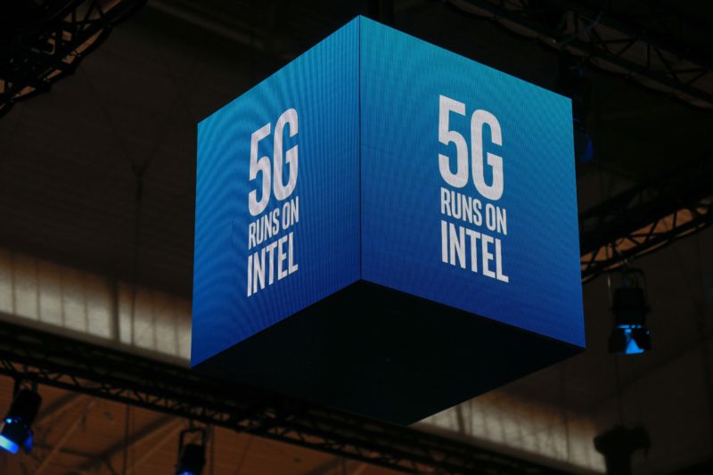 A 5G Intel logo is seen during the Mobile World Congress on February 26, 2019 in Barcelona.