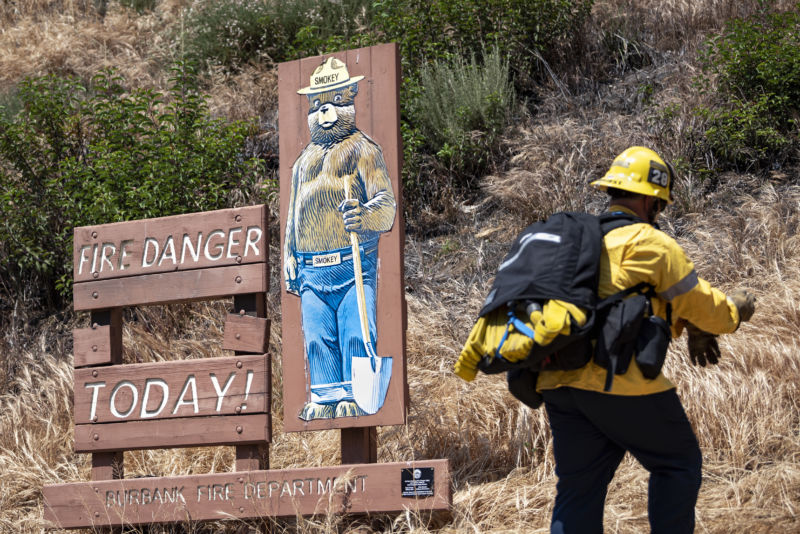 Smokey the Bear sign next to a firefighter.