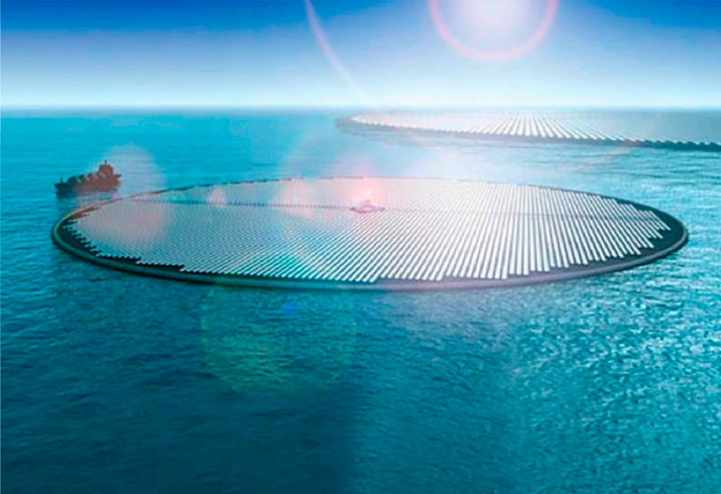 Solar panels floating on the ocean.