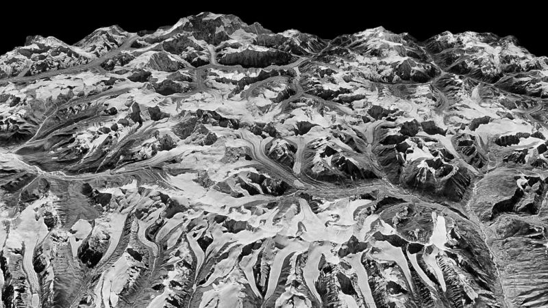 The researchers built 3D landscapes from spy satellite images like this one from the border between eastern Nepal and Sikkim, India, in 1975.