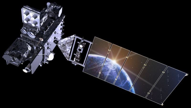 Artist's rendering of a NOAA satellite, with a reflection showing the Earth.
