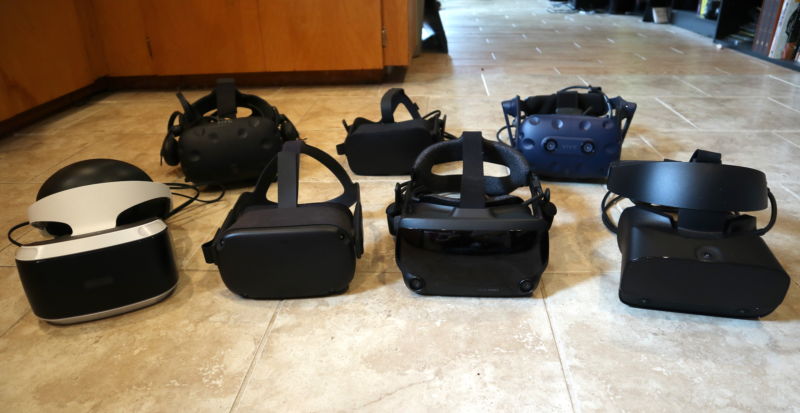 Front row: PlayStation VR, Oculus Quest, Valve Index, Oculus Rift S. Back row: HTC Vive, Oculus Rift, HTC Vive Pro. (Only headsets from the front row made our recommended-in-2019 list.)