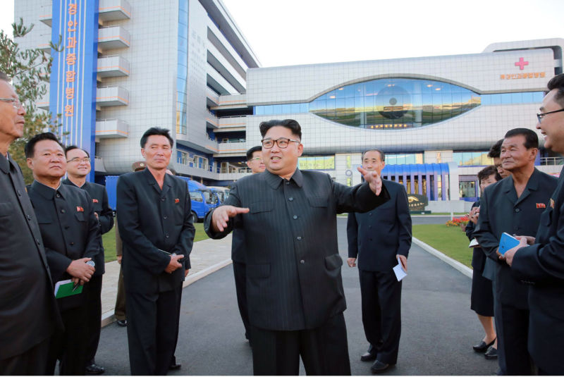 This undated picture released by North Korea's official Korean Central News Agency (KCNA) on October 18, 2016, shows North Korean leader Kim Jong-Un (C) inspecting the newly built Ryugyong General Ophthalmic Hospital in Pyongyang. 