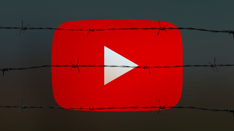 An illustration of YouTube's logo behind barbed wire.
