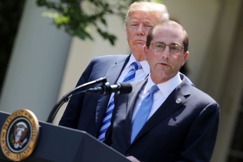 WASHINGTON, DC - MAY 11, 2018:  U.S. Health and Human Services Secretary Alex Azar (R) announced a 'blueprint' for lowering the cost of prescription medication with President Donald Trump in the Rose Garden at the White House.