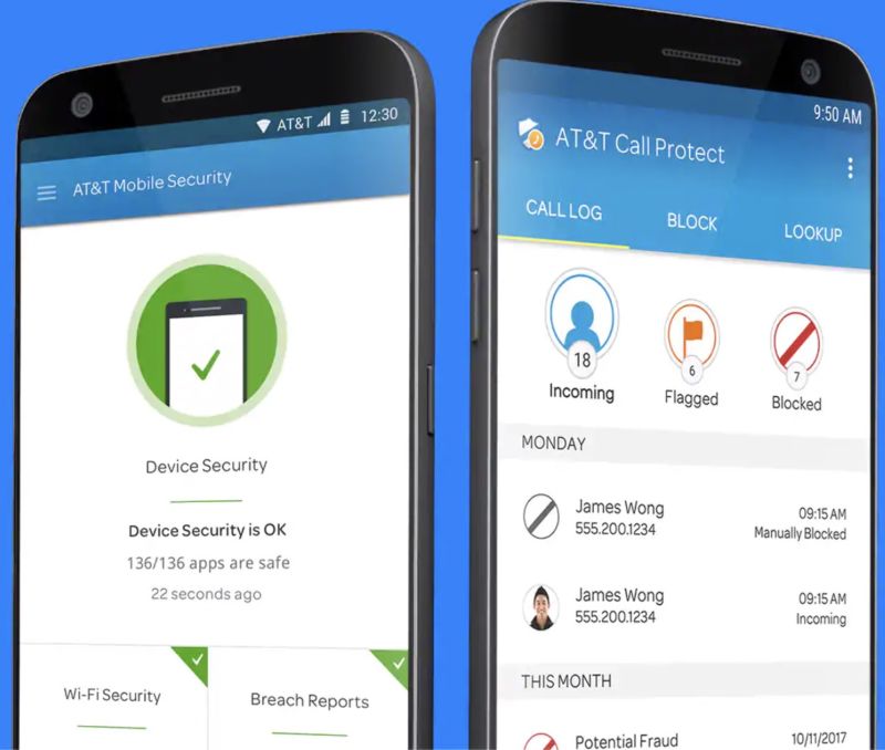 Two Android phones running AT&T's Call Protect and Mobile Security apps.