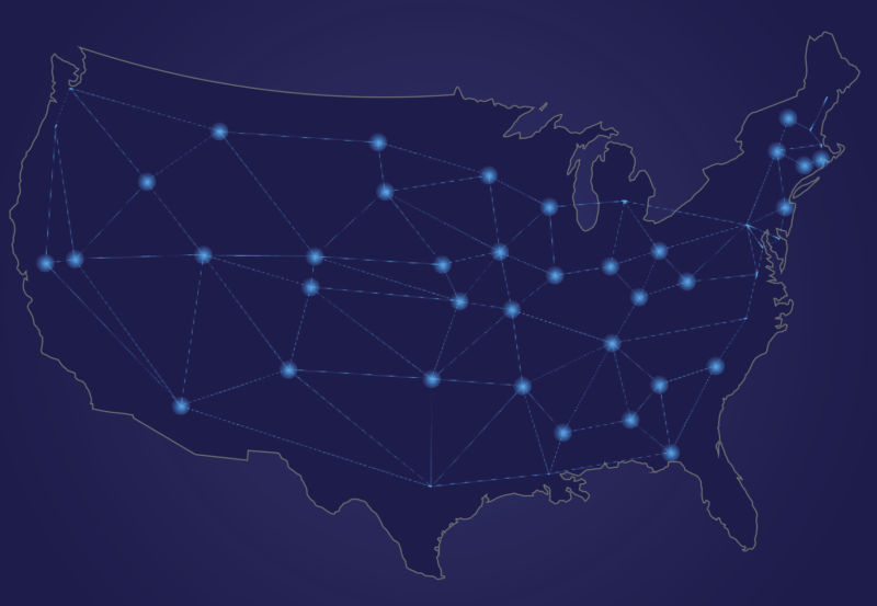 A map of the United States with lines and dots to represent broadband networks.