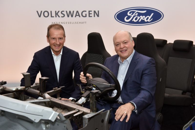 Volkswagen CEO Dr. Herbert Diess (L) and Ford President and CEO Jim Hackett (R) announced their companies are expanding their global alliance to include electric vehicles and will collaborate with Argo AI to introduce autonomous vehicle technology in the US and Europe.