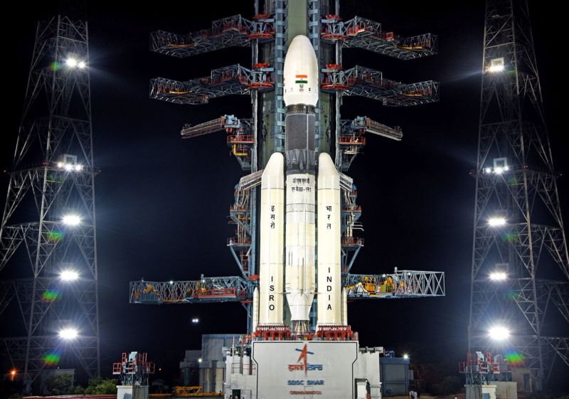 India's GSLV Mark III rocket is seen on the launch pad with its lunar payload.