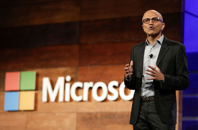 Satya Nadella, CEO of Microsoft, speaks at the Microsoft Annual Shareholders Meeting in Bellevue, Washington, on November 30, 2016. 