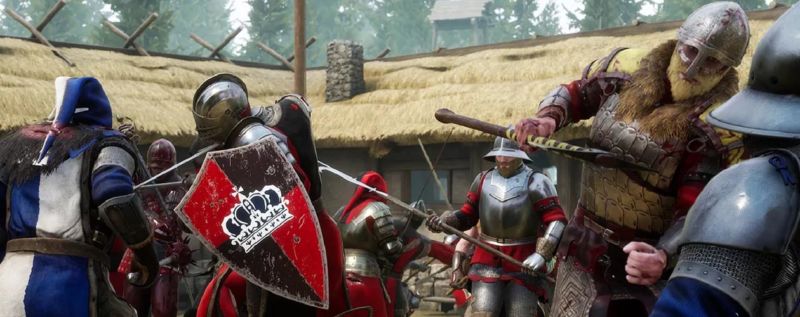 A bunch of white guys fighting with medieval weaponry in <em>Mordhau</em>.