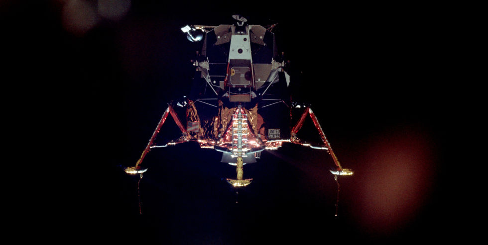 Apollo 11's <em>Eagle</em> moves slowly away from <em>Columbia</em> and prepares for landing.