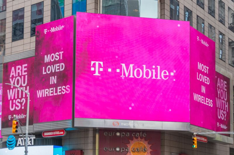 Signs outside a T-Mobile store in New York City describe the company as 
