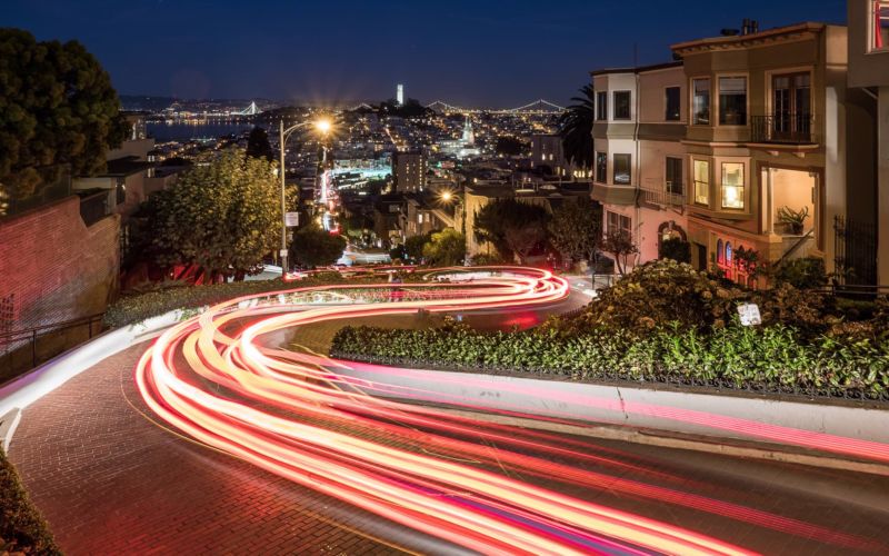 Lombard Street in San Francisco, with laser beams photoshopped onto the street.